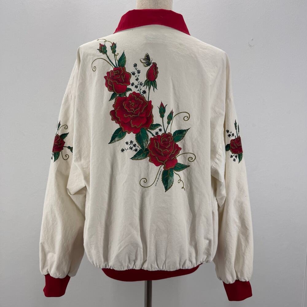 Vintage Women Rose Floral Bomber Jacket Large Red White Retro Skater Gorpcore